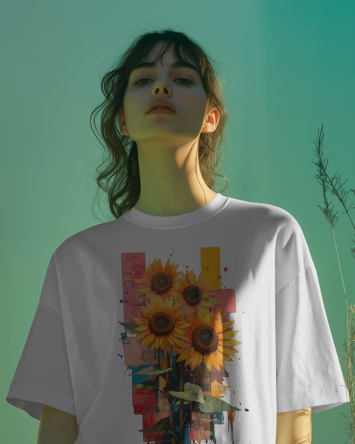 Women Wearing Stylish Black and White Oversized T-Shirt with Sunflower Design