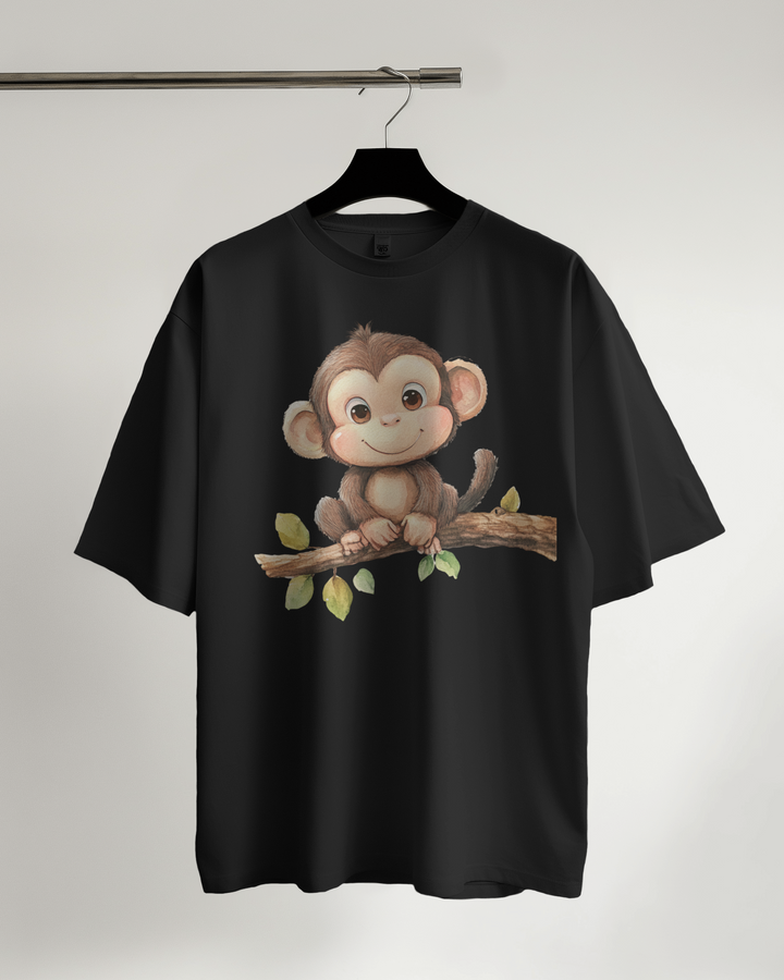 Black Oversized T-Shirt with Monkey Graphic Print
