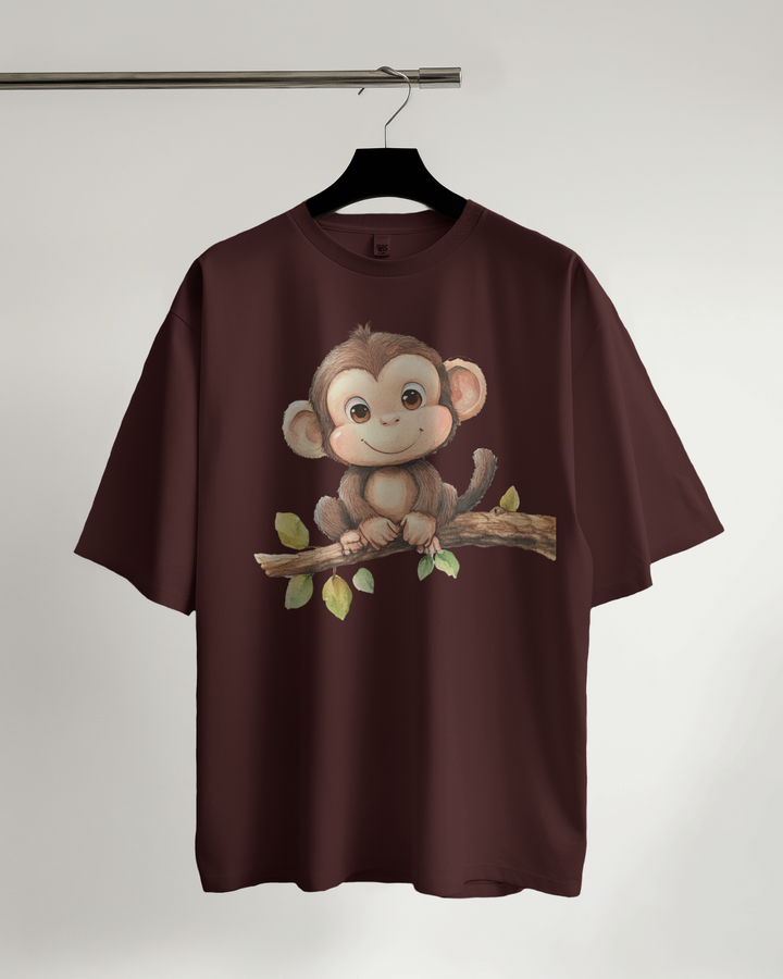 Maroon Oversized T-Shirt with Monkey Graphic Print