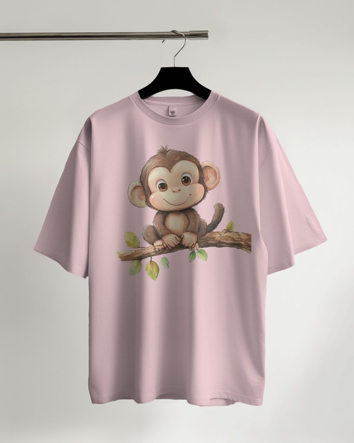 Light Baby Pink Oversized T-Shirt with Monkey Graphic Print