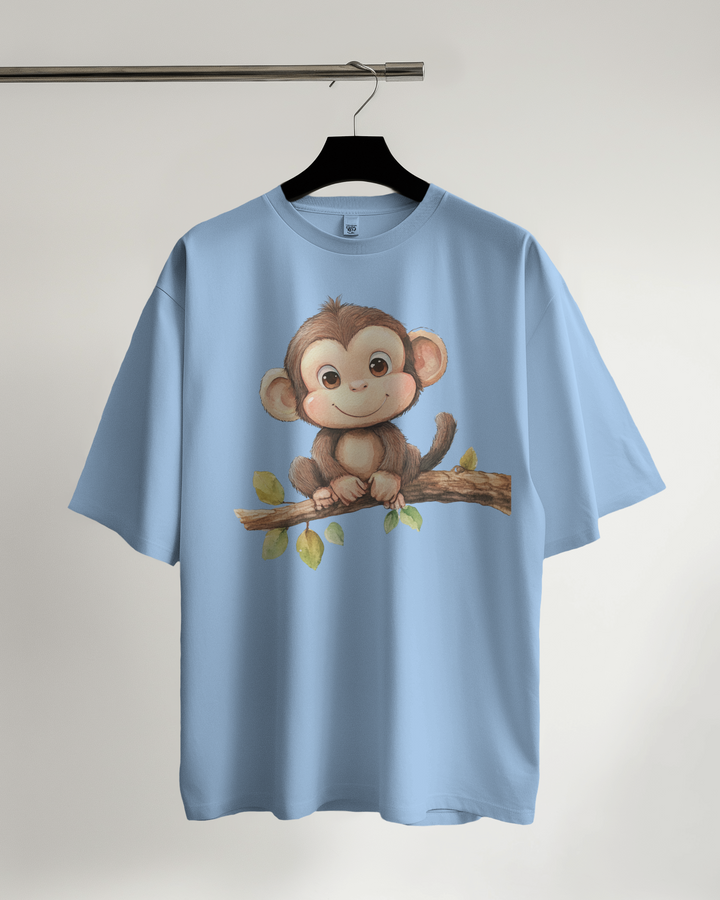 Baby Blue Oversized T-Shirt with Monkey Graphic Print